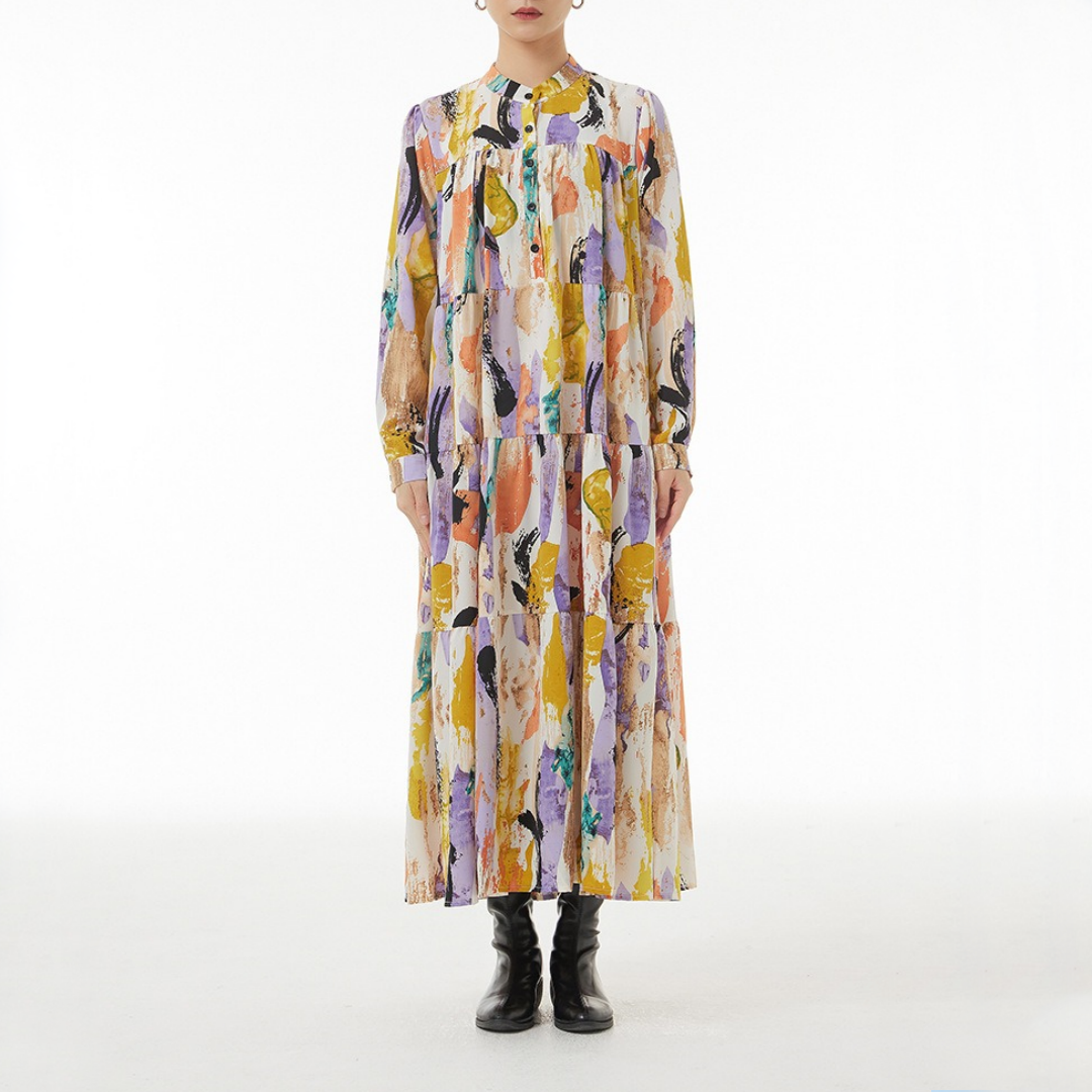 【ワンピース】春秋冬 大振裾 花柄 ゆるリラックス シック 長袖 ワンピース【SHシリーズ】