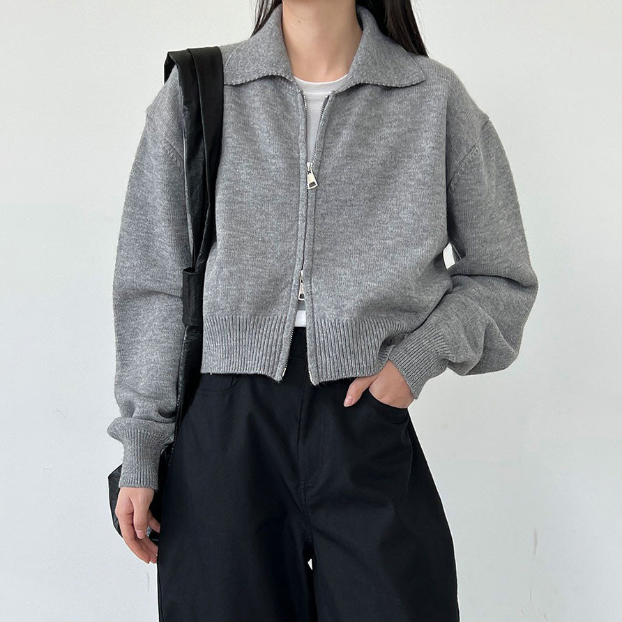 【トップス】春 秋 冬 ショート丈 ダブルジップ ニットカーディガン ポロカラー セーター 【JZシリーズ】