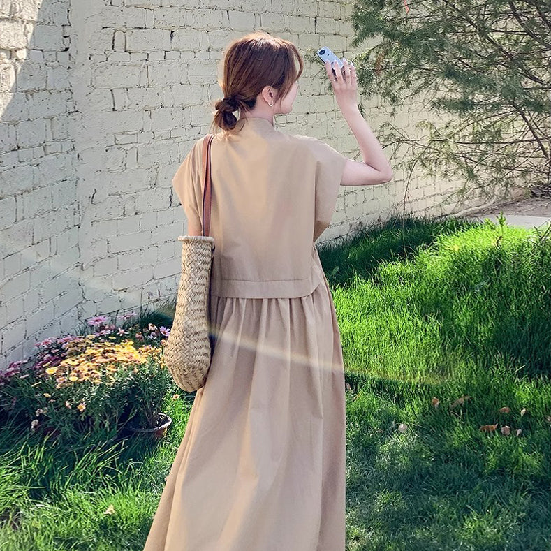 【ワンピース】カジュアル スリム見え カーキ シャツワンピース レディース 夏 ロング丈 個性的で美しい 気品あるおしゃれスタイル【JZシリーズ】