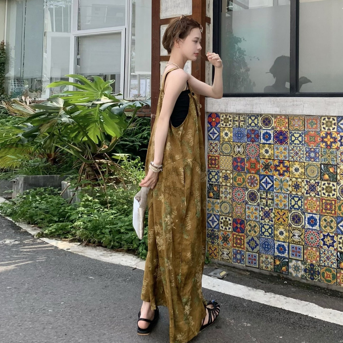 【ボトムス】ルーズ カジュアル Vネック 春夏 涼やか プリント ベルオーバーオール オールインワン【SHシリーズ】