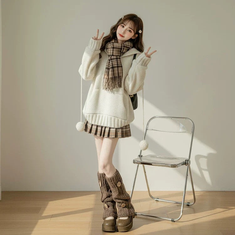 【セットアップ】無地 ホワイト セーター + プリーツ ショート スカート 2点上下セット 【JZシリーズ】