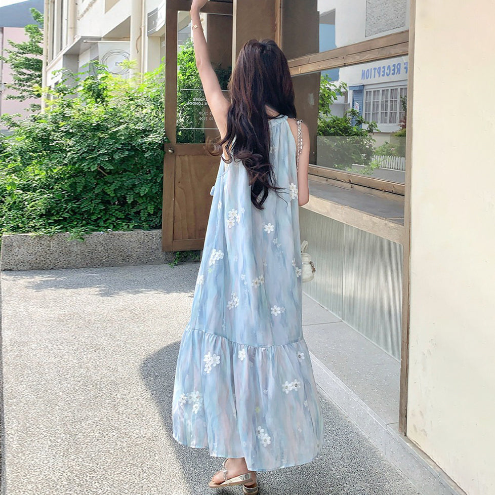 【ワンピース】リゾート風 ブルー立体フラワーワンピース レディース ノースリーブ ホルターネック 中長丈 ゆったり 体型カバー おしゃれ【SHシリーズ】