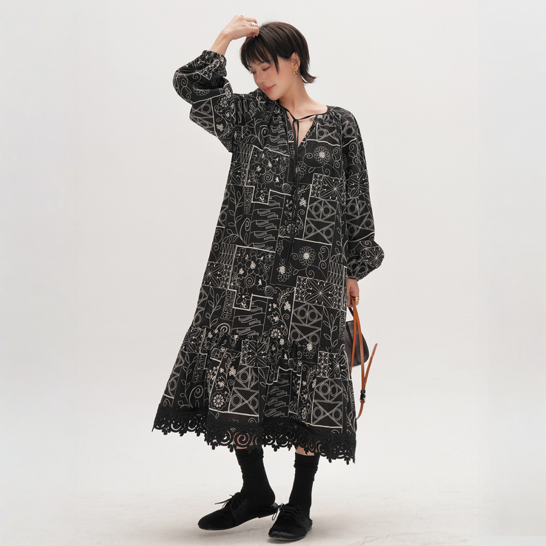 【ワンピース】春 秋 総刺繍 レトロ エスニック風 ジャカード 長袖 ワンピース【JZシリーズ】