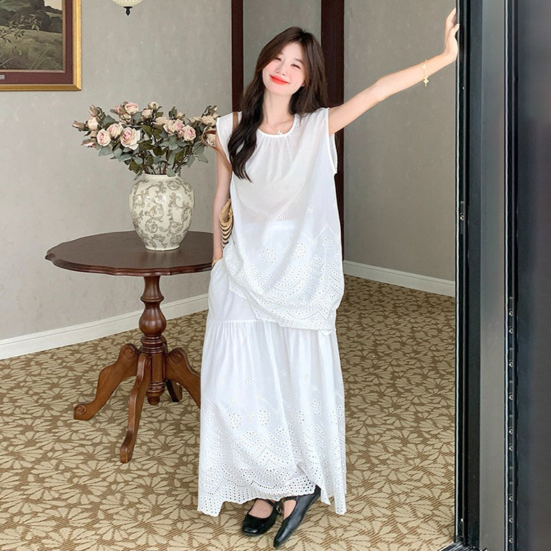 2点セット!【セットアップ】バックオープン レース風デザイン 夏 ノースリーブ トップス + スカート 上下セット【JZシリーズ】