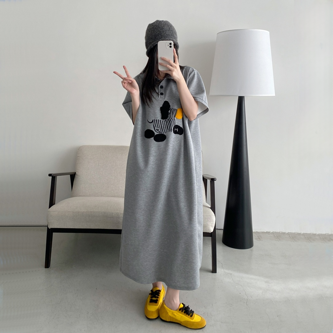 【ワンピース】夏 プリント 立襟 ルーズ ロング ワンピース【FCシリーズ】