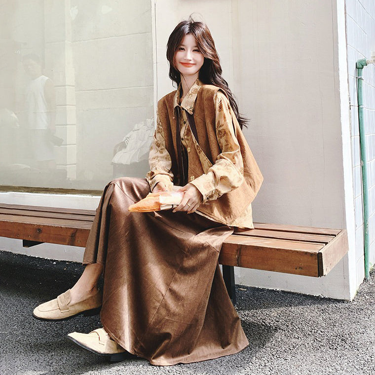 3点セット!【セットアップ 】春新作メラードスエードベスト+レトロプリントシャツ+スカート 上下セット 文芸風コーデ【SHシリーズ】