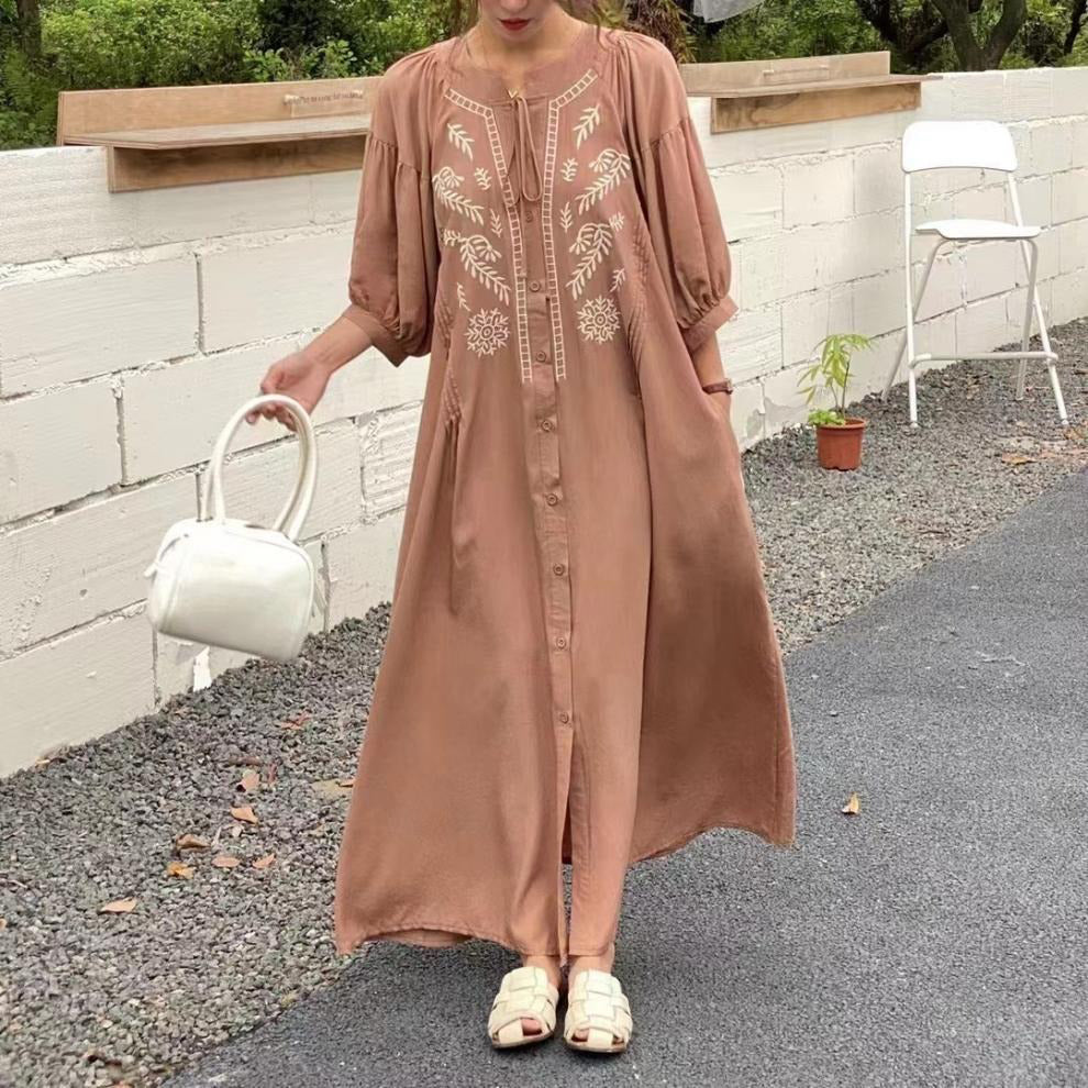 【ワンピース】夏 韓国風 花の刺繍 ラッパスリーブ 半袖 ワンピース