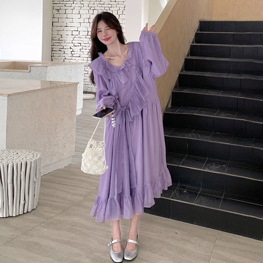 【ワンピース】フレンチ風パープルワンピース レディース 長袖 ロング丈 春夏秋 柔らかい雰囲気【JZシリーズ】
