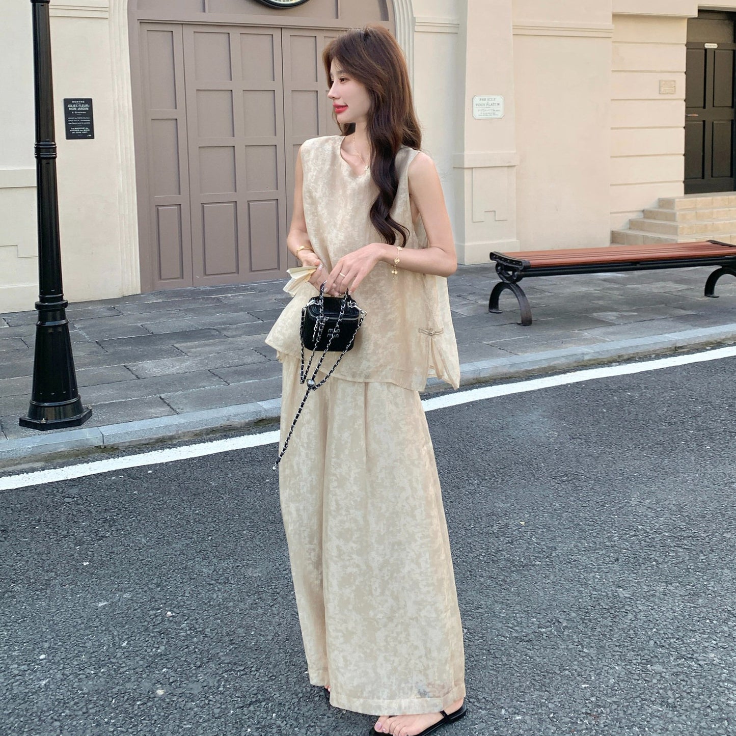 2点セット!【セットアップ】オールドマネー風 レース切替 夏 ベスト+ワイドパンツ 上下セット 上品 高級感【JZシリーズ】