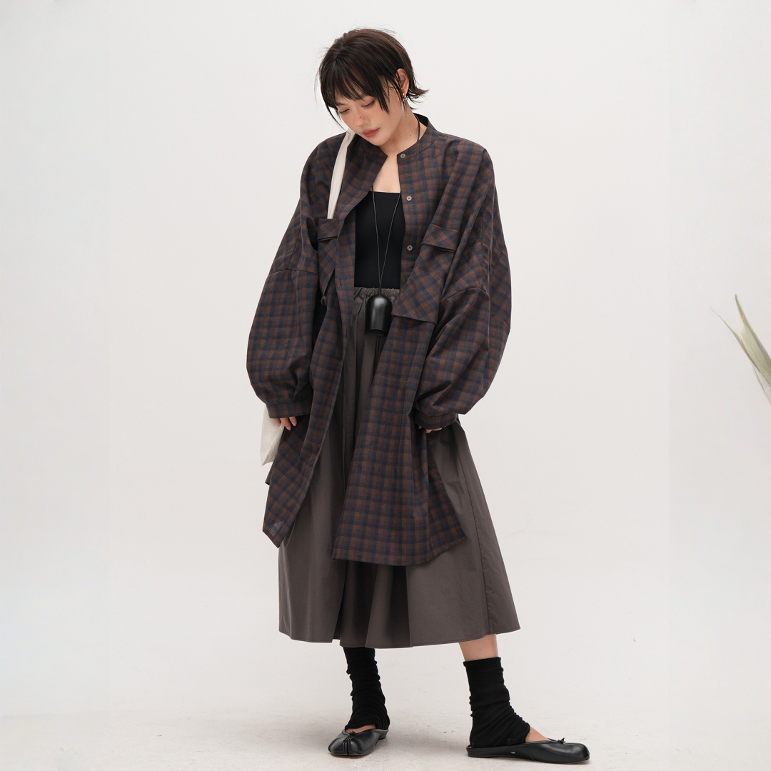 【ワンピース】春 秋 冬 レトロ チェック柄 ゆるリラックス コート ワンピース 【JZシリーズ】