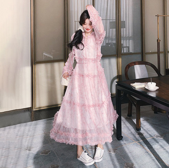 【ワンピース】フレンチ 花柄 長袖ワンピース|上品 ティアード ロング丈|ロマンチック ゆるシルエット 体型カバー 映えドレス【SHシリーズ】