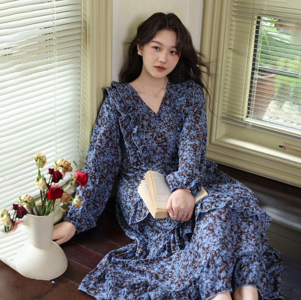 【ワンピース】2025秋新作 Vネック花柄 長袖ワンピース 体型カバー ゆったり細見え【SHシリーズ】