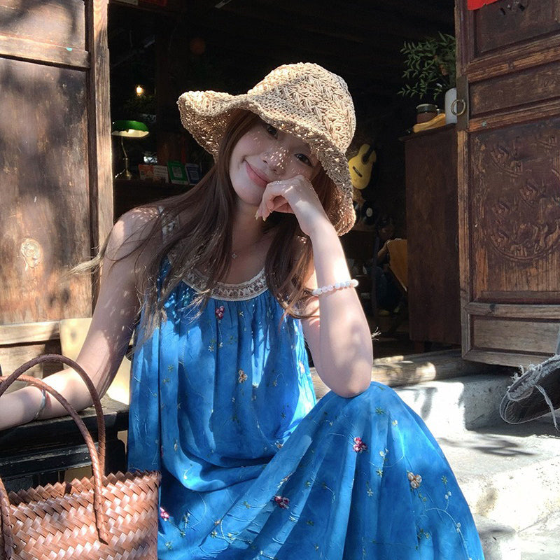 【ワンピース】ホリデーコーデにぴったり!立体刺繍テープ付きホルターネック ノースリーブワンピース リゾート風【SHシリーズ】