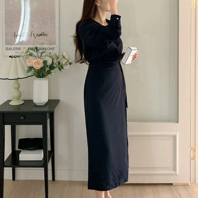 【ワンピース】春秋夏 シック 立襟 バンド飾り 長袖ワンピース