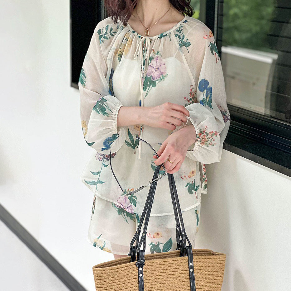 2点セット!【セットアップ】韓国風 ゆったりプリントUVカットシャツ+ハイウエストショートパンツ 上下セットアップ【SHシリーズ】【JZシリーズ】