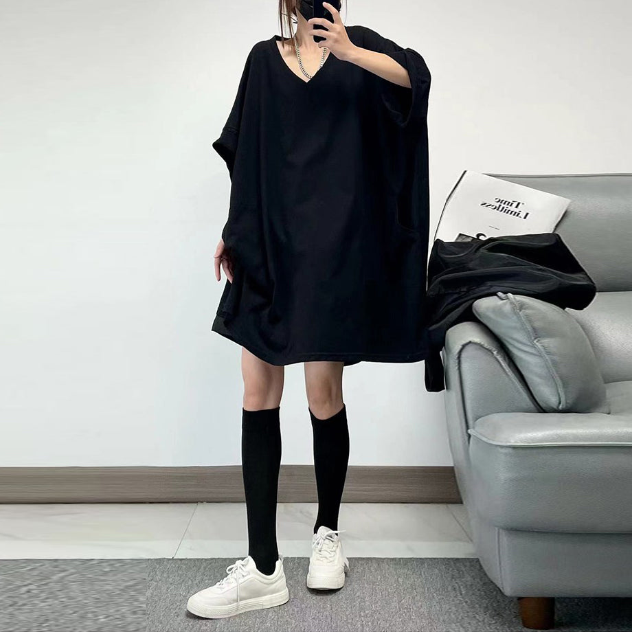 【上衣】超寬鬆夏季修身V領口袋短袖純色T卹
