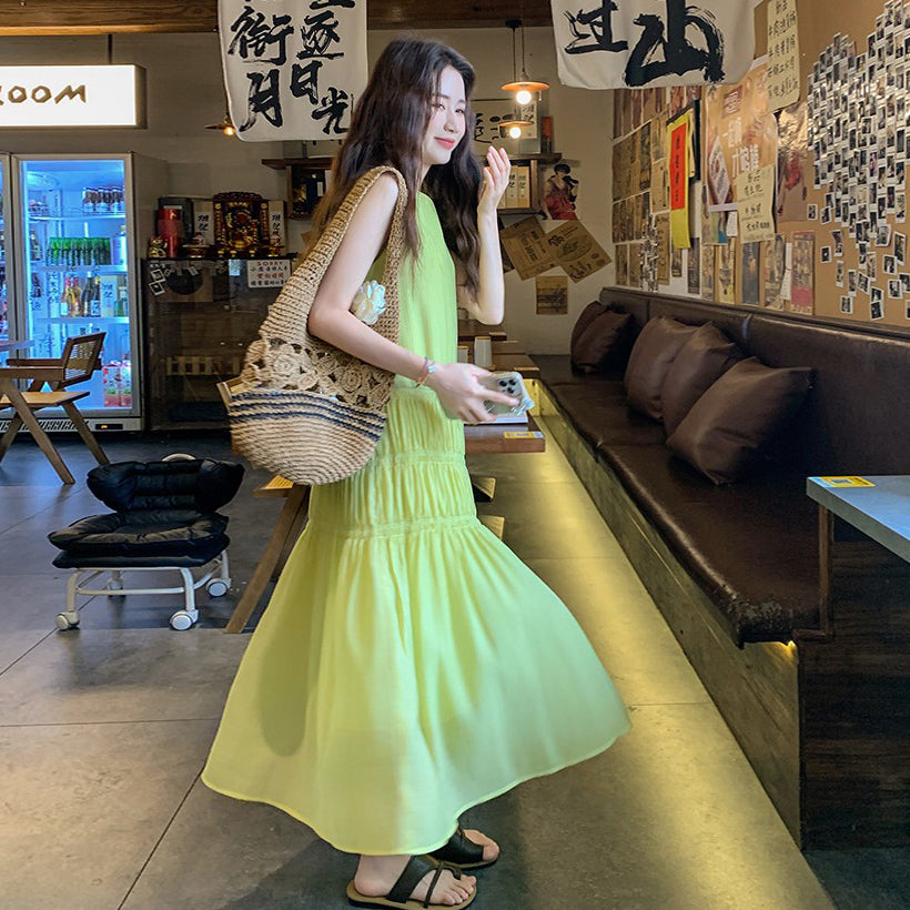 【ワンピース】気質スタイル 夏 海辺リゾート風 ギャザー入りシフォンロングドレス ノースリーブワンピース