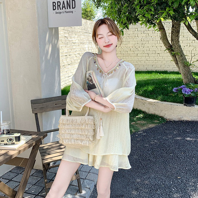 2点セット!【セットアップ】カジュアルエレガンス リラックス感 日焼け防止シャツ+ショートパンツ 上下セット