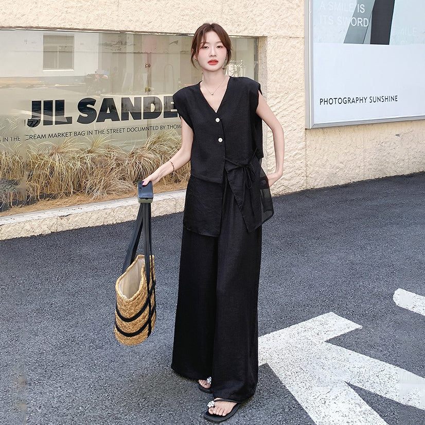 2点セット!【セットアップ】夏 韓国風 通勤 ブラックメッシュ切替 ベスト+ワイドパンツ 上下セット【JZシリーズ】【SNシリーズ】