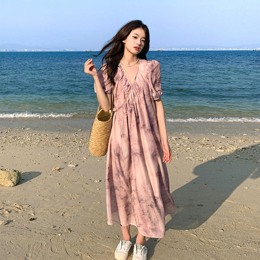 【ワンピース】フレンチ風 夏 優しい ラフなリゾート風 半袖ワンピース【SHシリーズ】