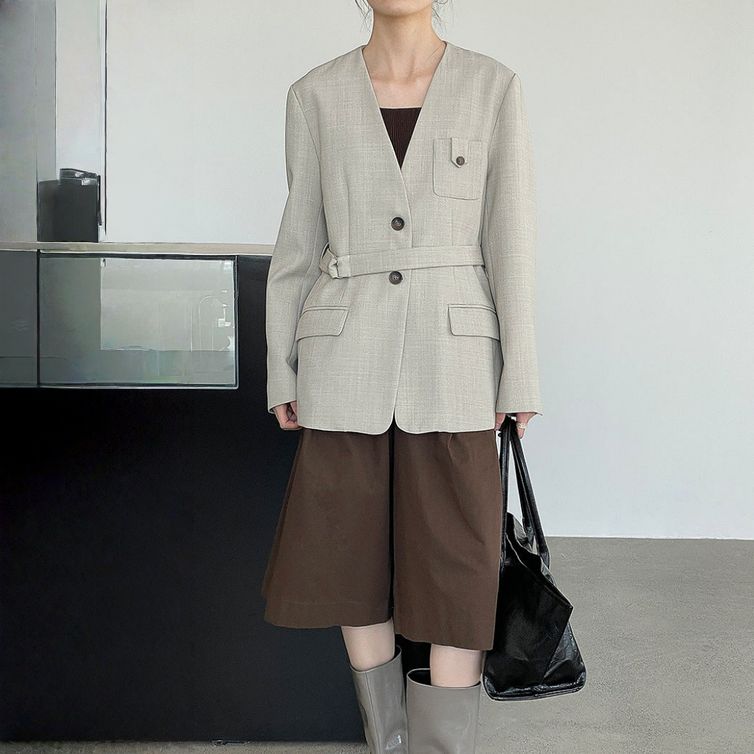 【アウター】春 秋 韓国風 ノーカラー ナチュラルショルダー スーツジャケット 【JZシリーズ】