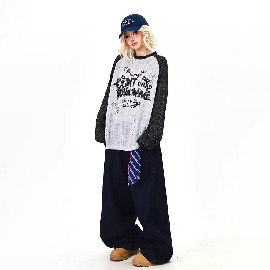 【トップス】レオパード切替 長袖Tシャツ オーバーサイズ アメリカンヴィンテージ BFスタイル【FCシリーズ】