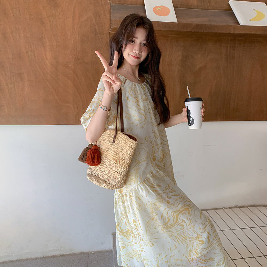 【ワンピース】韓国風 ニュアンス柄ワンピース レディース バカンスコーデ デザイン性 フェミニン きれいめロングワンピース【SHシリーズ】