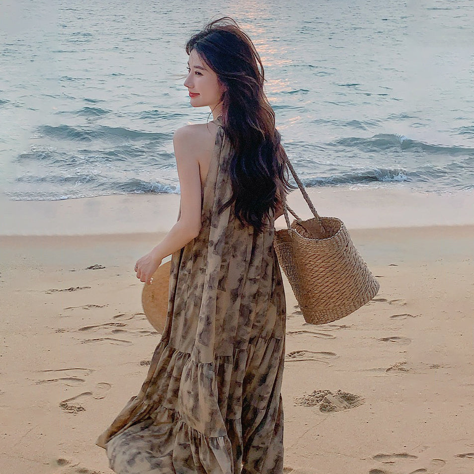 水墨印花掛脖連身裙|無袖長裙女|度假風氣質飄逸穿搭 夏日顯瘦款【SH系列】