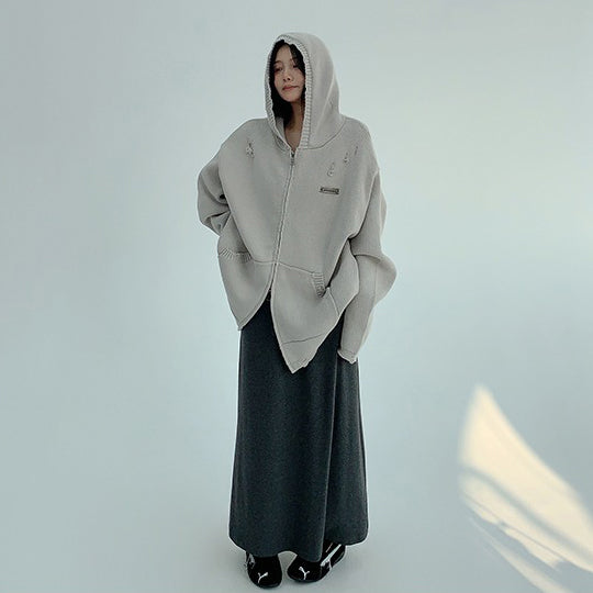 【トップス】🖤 ゆる感厚手ダメージニット・セーター レディース 冬新作 カジュアルフード付き【FCシリーズ】