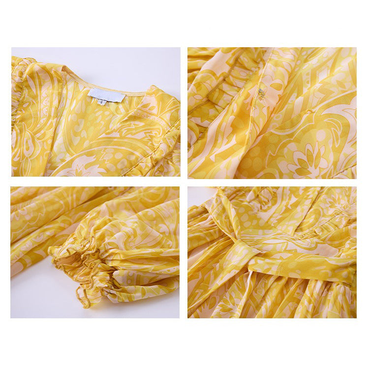 【ワンピース】リゾート風 Vネック ハイウエスト バルーンスリーブ 長袖ワンピース【SHシリーズ】