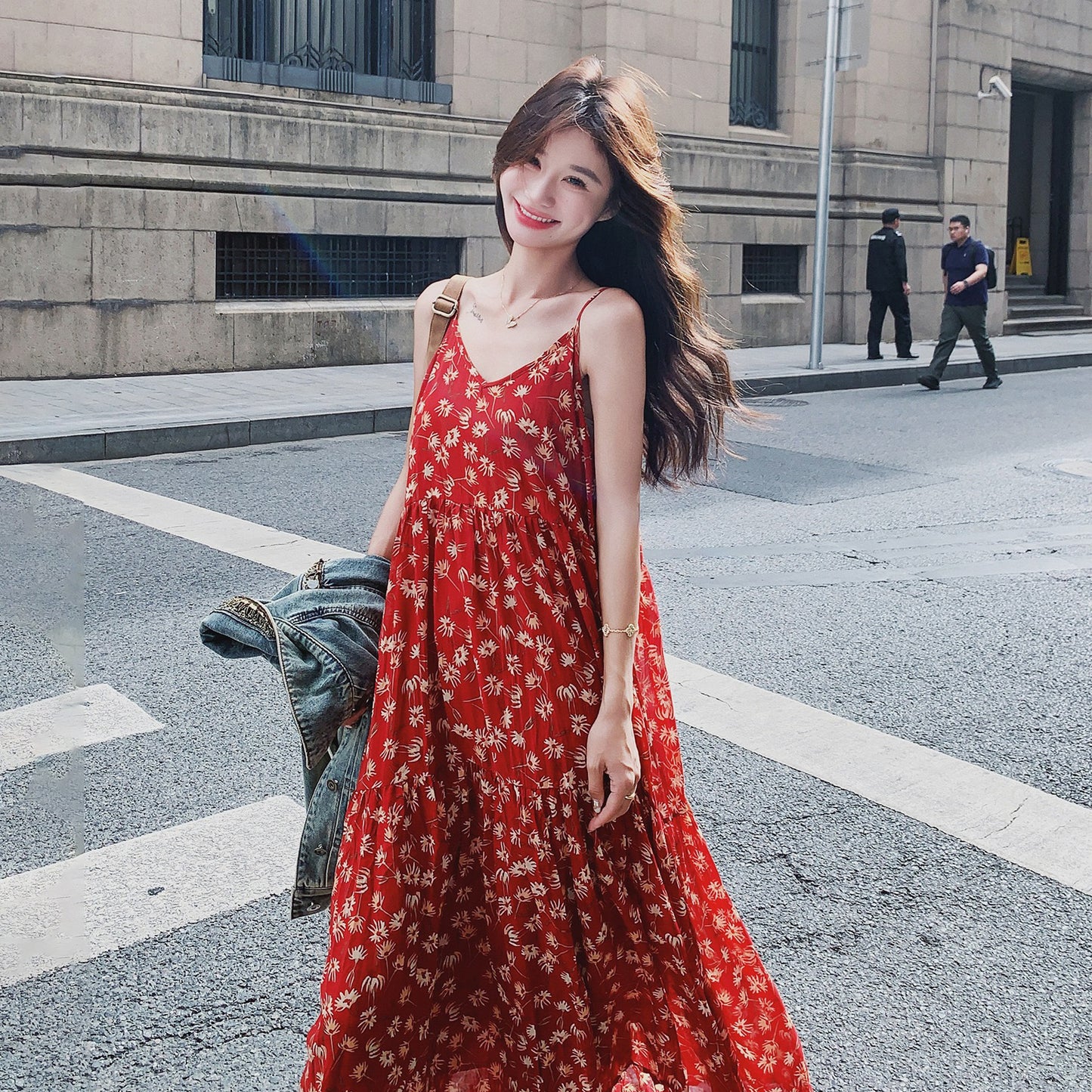 【セットアップ】ボヘミアン風 ウォッシュド加工 デニムジャケット+ノースリーブワンピース 春秋 フレンチ 花柄 2点セット【SHシリーズ】