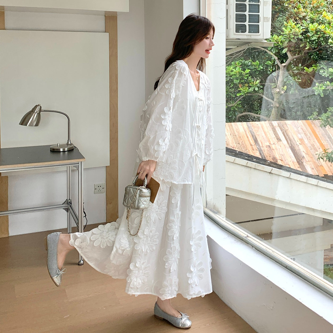 2点セット!【セットアップ】新中華風 立体フラワー スカートセットアップ レディース 早秋新作 上品 高級感 上下セット