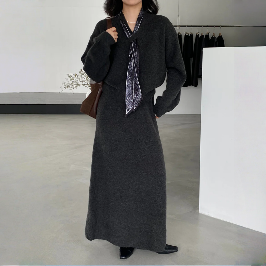 【セットアップ】春 秋 冬 スカーフ付き プルオーバー ニット+ ニットスカート 2点上下セット 【JZシリーズ】