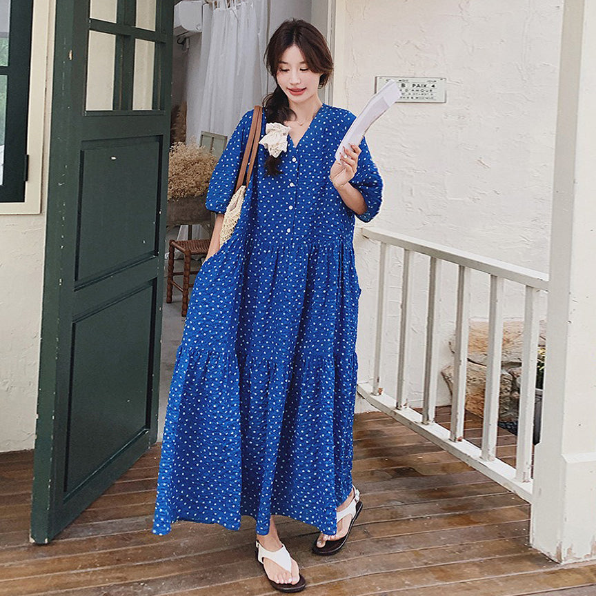 【ワンピース】ドーパミン 小花柄ドット Vネック 半袖ワンピース レディース 夏 リラックス感 シフォンロングドレス【SHシリーズ】