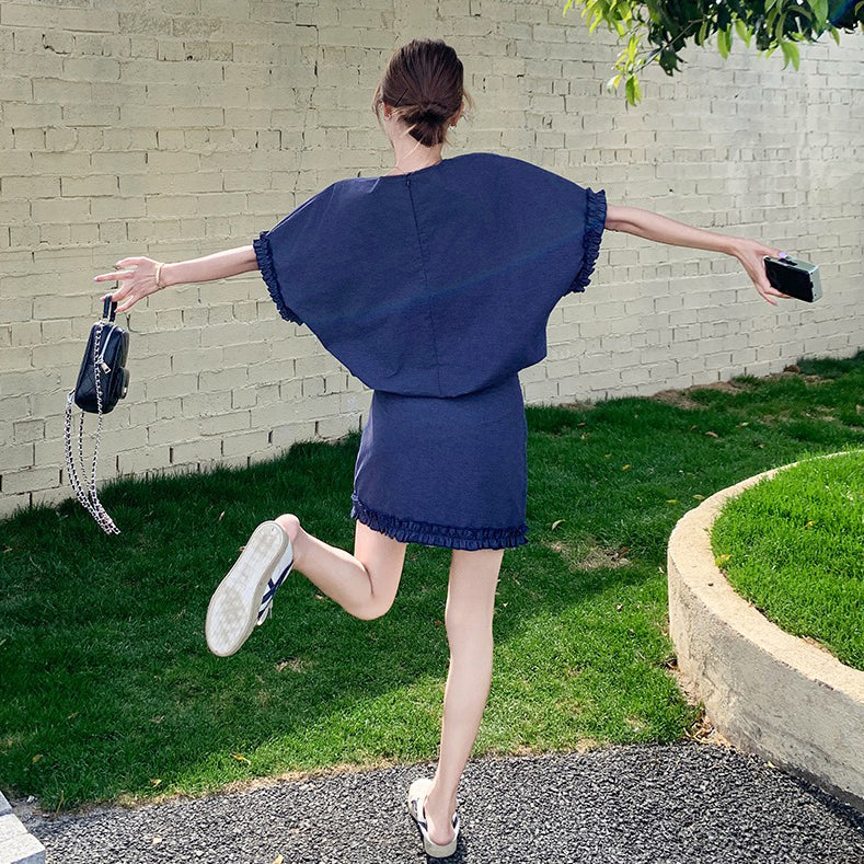 2点セット!【セットアップ】 OOTDコーデ ネイビー花柄袖トップス+ミニスカート 上下セット レディース カジュアル 若見え人気セットアップ【JZシリーズ】