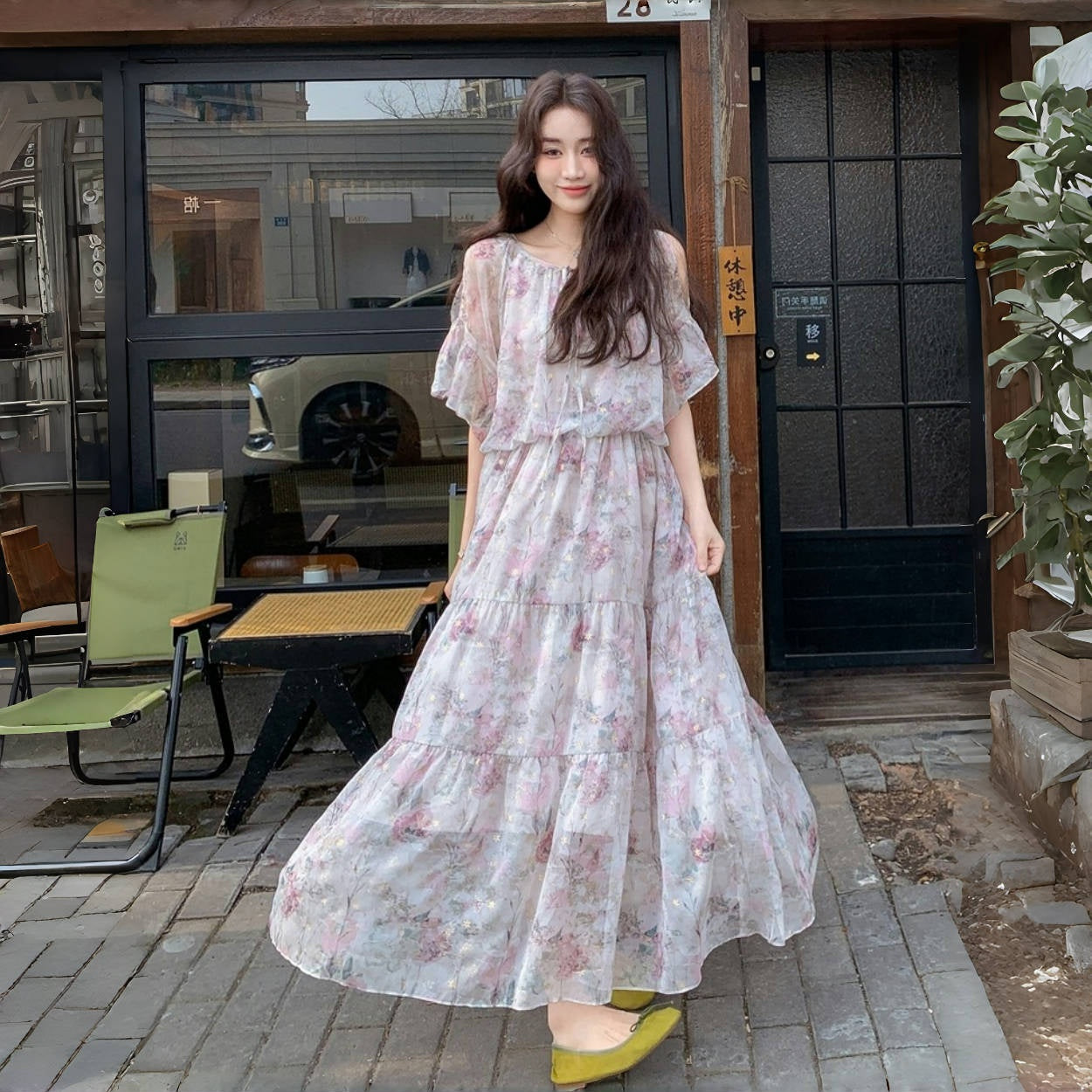 【ワンピース】フレンチ オフショルダー フリルスリーブ 花柄ワンピース 夏 高見え ロングドレス【SHシリーズ】