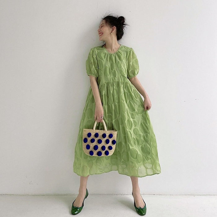 【ワンピース】【15~18日内発送】夏 ラウンドネック ハイウエスト 半袖 ワンピース 【JZシリーズ】