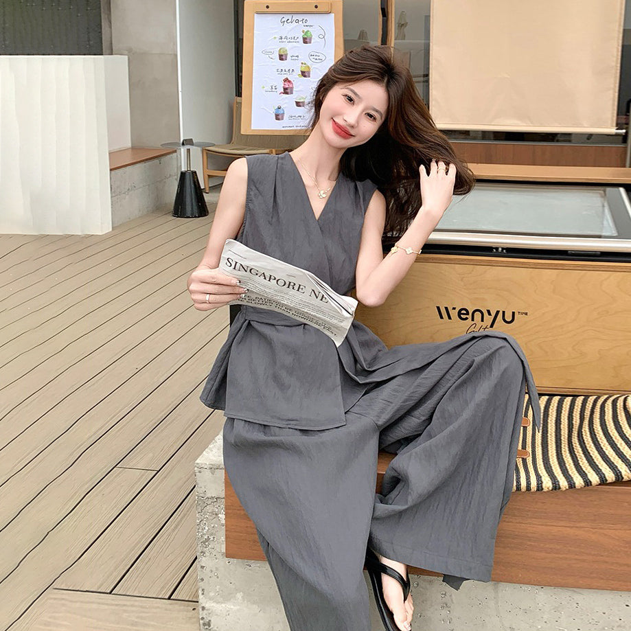 2点セット!【セットアップ】夏 韓国風 通勤 高級感 ジレ+ワイドパンツ 上下セット【SNシリーズ】【JZシリーズ】