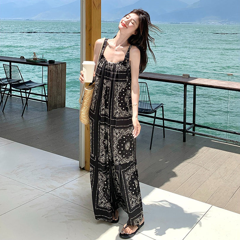 【ワンピース】夏 ブラック×エスニック風 大人上品ノースリーブ キャミソールロングワンピース【SHシリーズ】