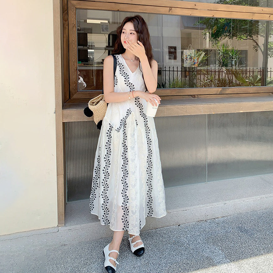【ワンピース】気質 ノースリーブプリントワンピース 夏 韓国風 Vネック キャミロングドレス【SHシリーズ】