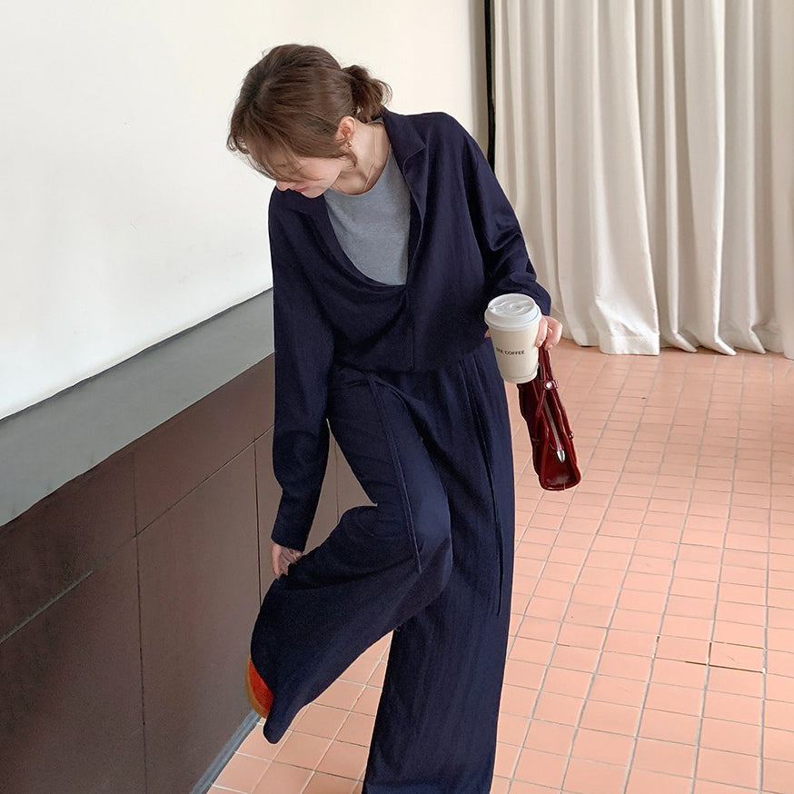 2点セット!【セットアップ】フェイクレイヤードTシャツ+ワイドパンツ 上下セット レディース 春秋向け 上品&エレガント 高級感 小众デザイン かぶらない2点セット【JZシリーズ】