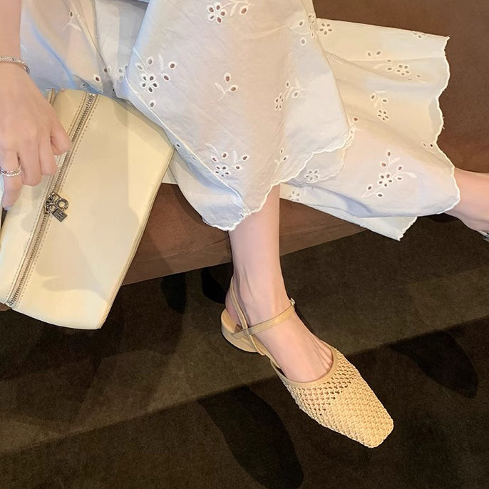 【シューズ】編み込み サンダル|フレンチ ローヒールで通気性 大人可愛い一足