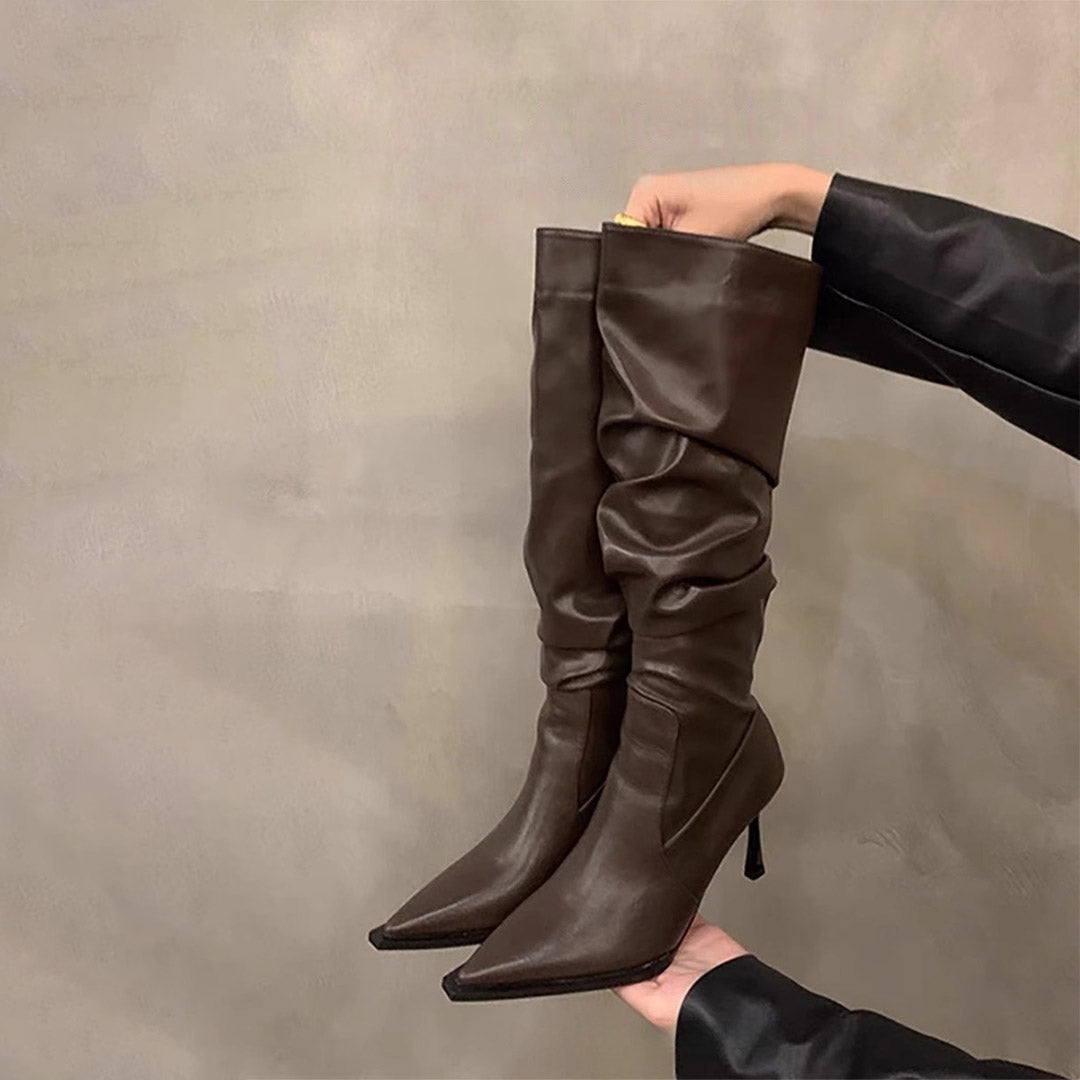 【シューズ】春秋冬 ポインテッドトゥ 細いヒール 着痩せ ハイブーツ