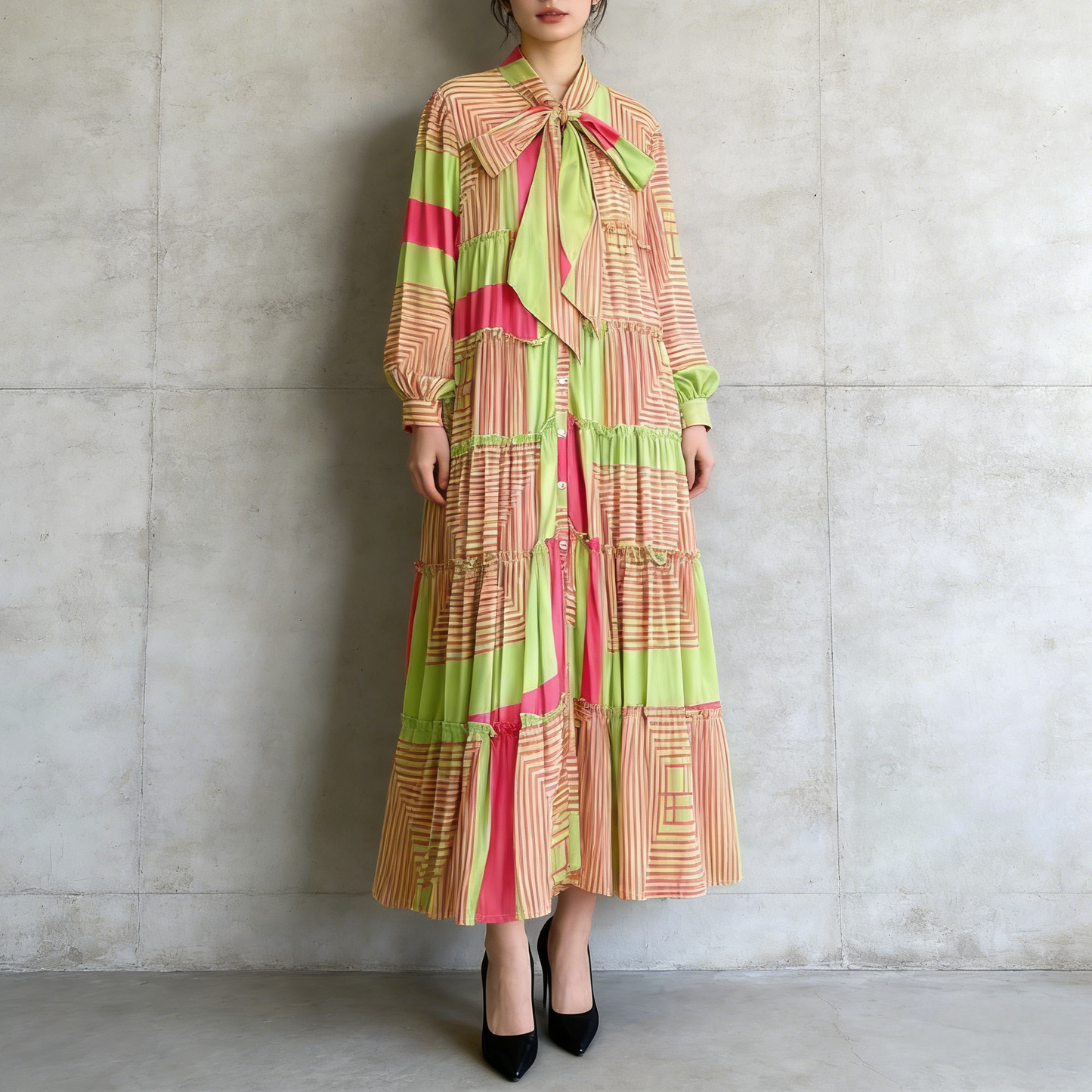 【ワンピース】プリントVネック お腹周りカバー フリル 長袖 ワンピース 【SHシリーズ】