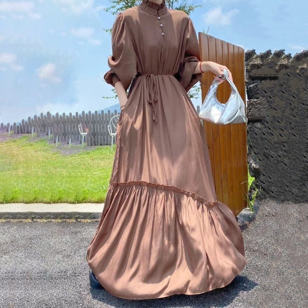 【ワンピース】春秋夏 エレガント 人気 スタンドネック 無地 長袖ワンピース