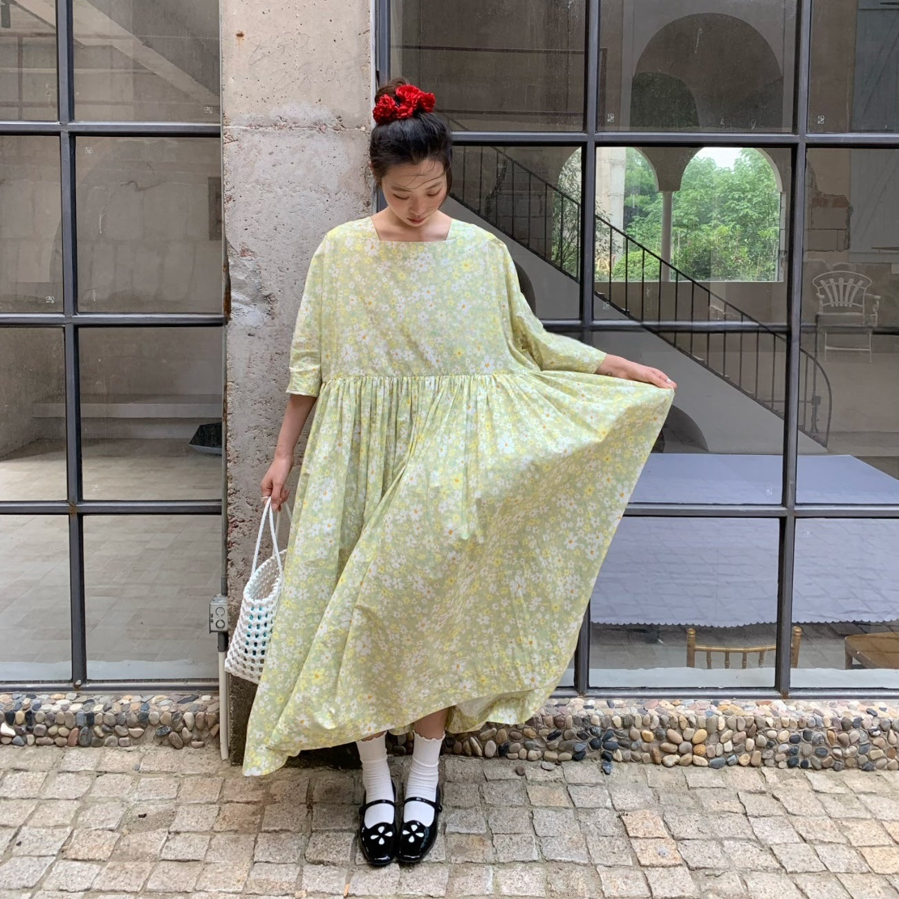 【ワンピース】夏 スクエアネック レトロ 花柄 大振裾 半袖 ワンピース【SHシリーズ】