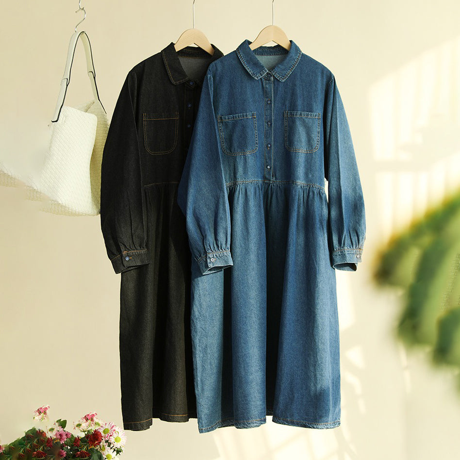 【ワンピース】春秋冬 着痩せ ミドル丈 コットン デニム 長袖ワンピース