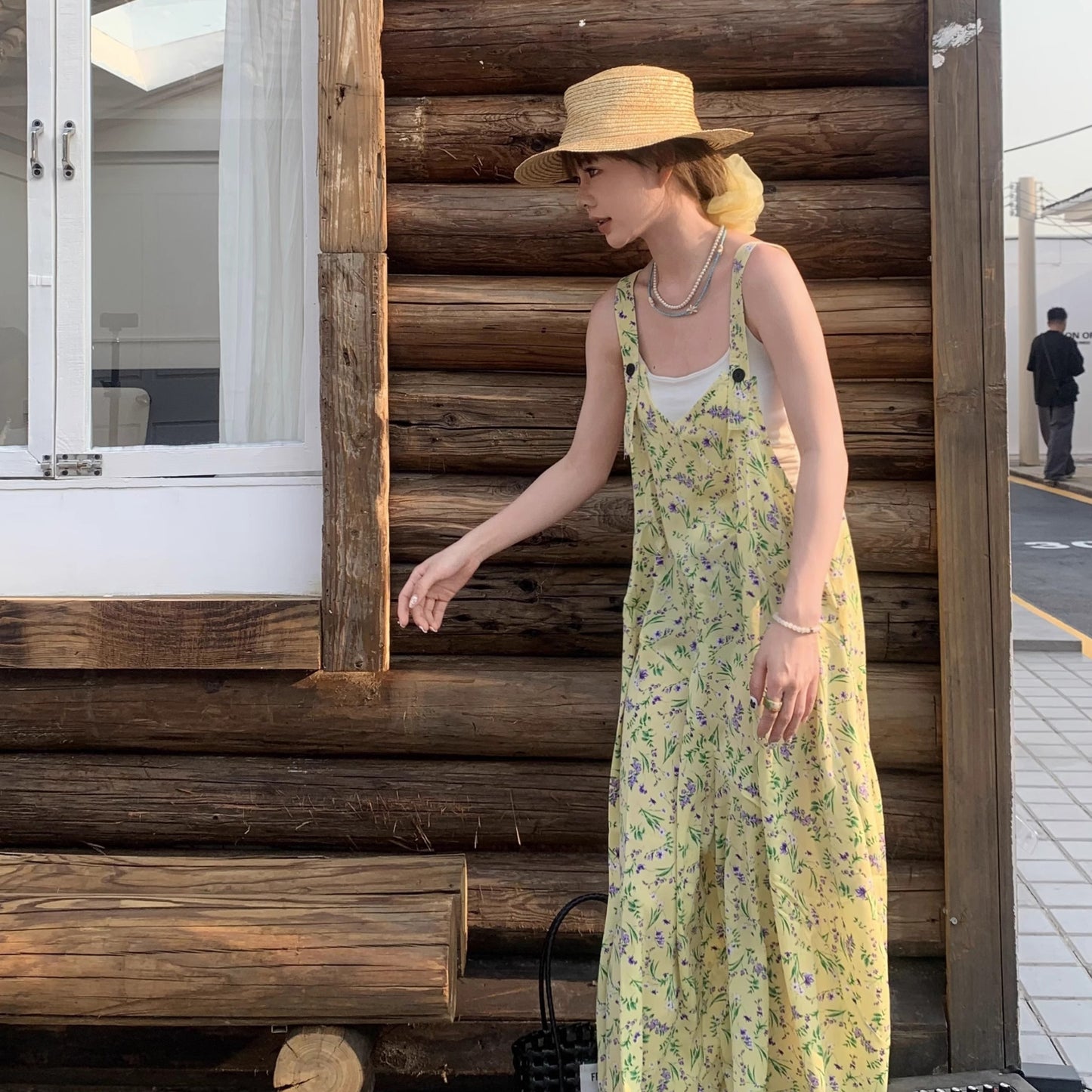 【ボトムス】夏新作 清涼感たっぷり 淡レモンカラー Vネック オーバーサイズサロペット オールインワン【SHシリーズ】