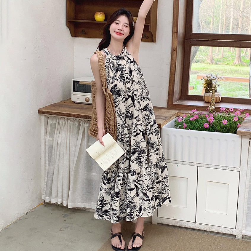 【ワンピース】夏新作 フレンチチャイナ 水墨花柄 ハイネック ノースリーブワンピース【SHシリーズ】