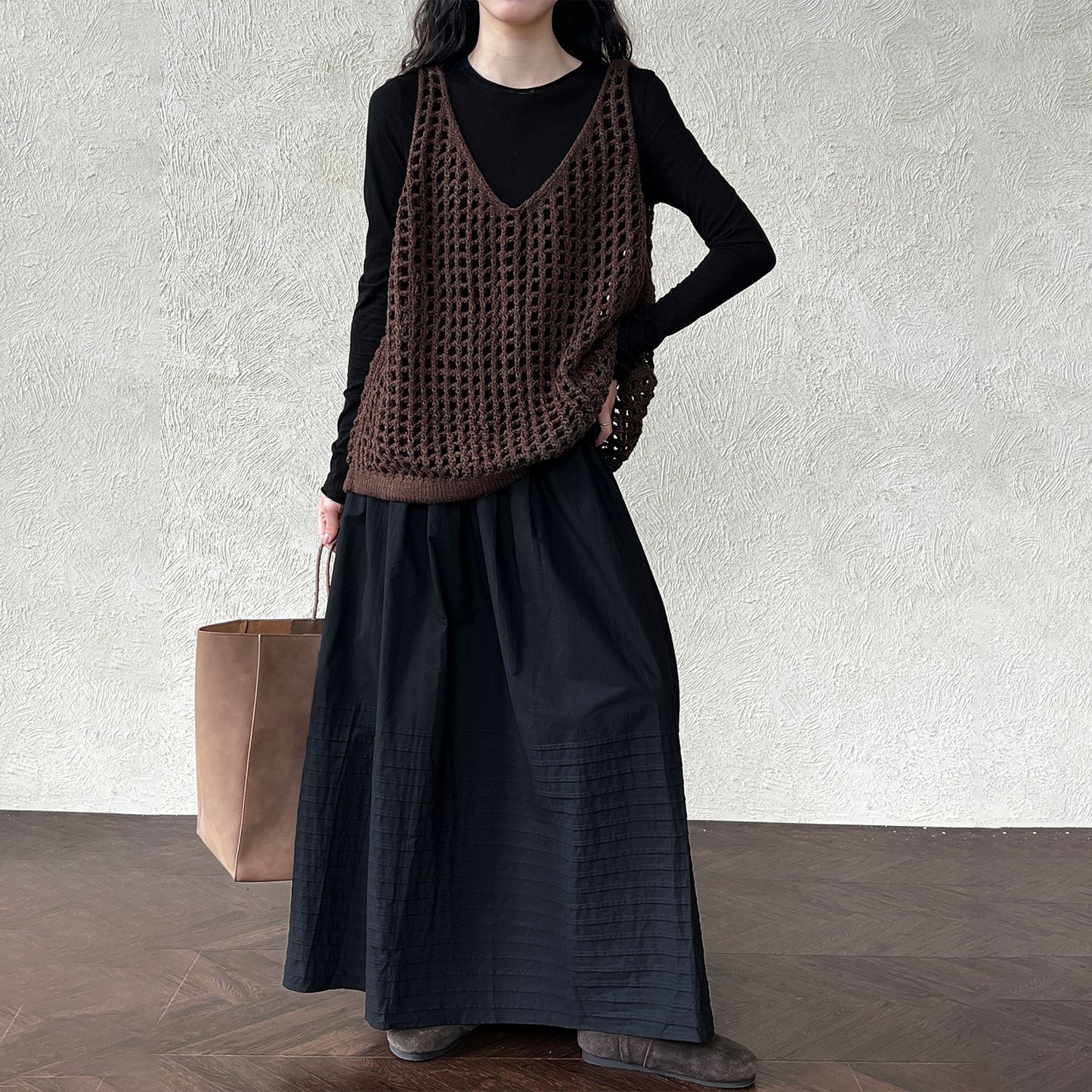 【トップス】ウール混 透かし編み ニットベスト|Vネック×レイヤードに最適な秋トップス【JZシリーズ】